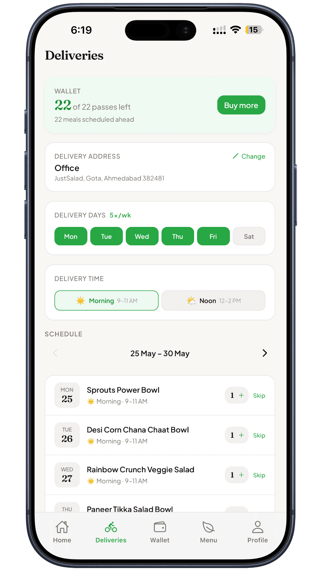 JustSalad deliveries screen showing weekly schedule and skip options